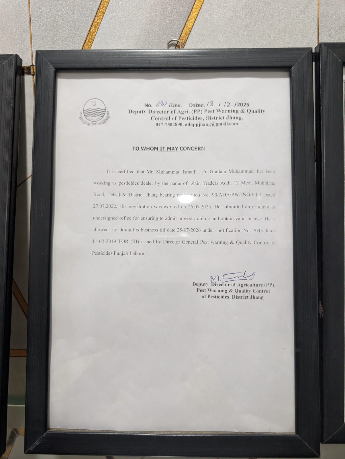 Government Pesticide Dealer Certificate — Deputy Director Agriculture, District Jhang