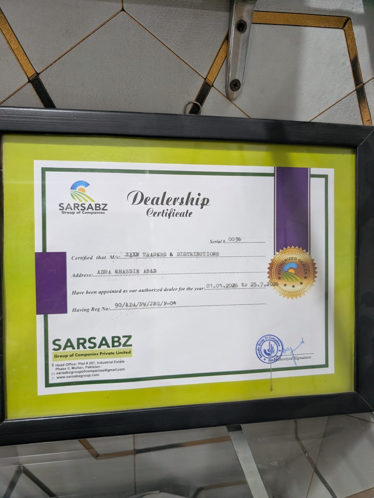 SARSABZ Dealership Certificate — Zain Traders & Distributions